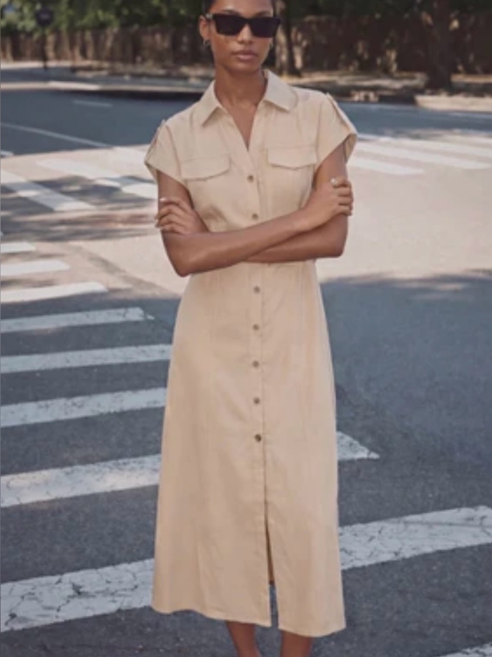 NY & Co Women’s Beige Cream Button-Front Linen Blend Casual Light Shirt Dress